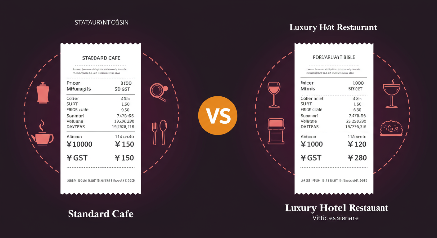 GST rate on restaurant food - A clean, professional infographic comparing two restaurant bills side-by-side. Left side shows a bill from a 'Standard Cafe' with items totaling ₹1000 and a 5% GST of ₹50. Right side shows a bill from a 'Luxury Hotel Restaurant' with items totaling ₹1000 and an 18% GST of ₹180. Clear icons for each restaurant type.