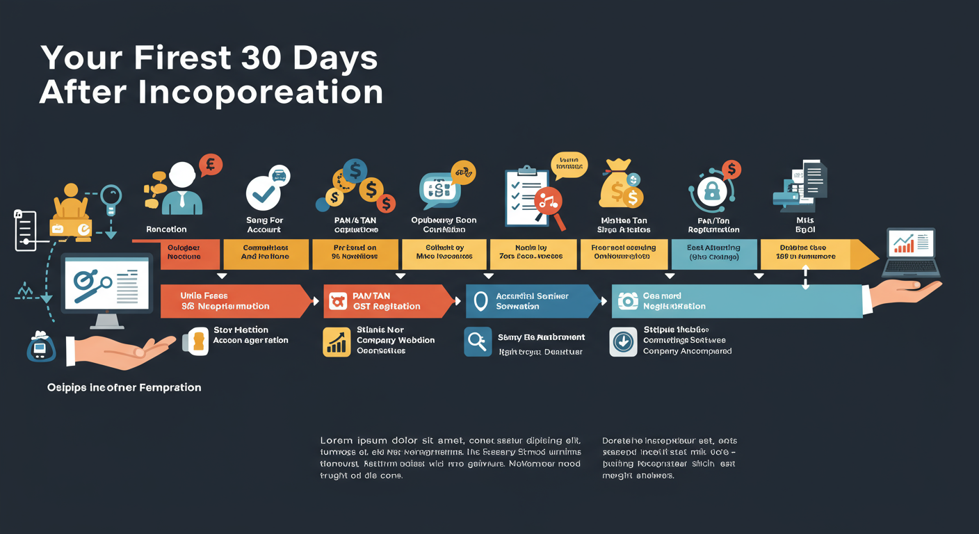 Certificate of Incorporation Download: The 2026 Expert Guide 3 Certificate of Incorporation download - An educational infographic titled 'Your First 30 Days After Incorporation' showing a timeline of key compliance tasks like opening a bank account, PAN/TAN application, and GST registration.