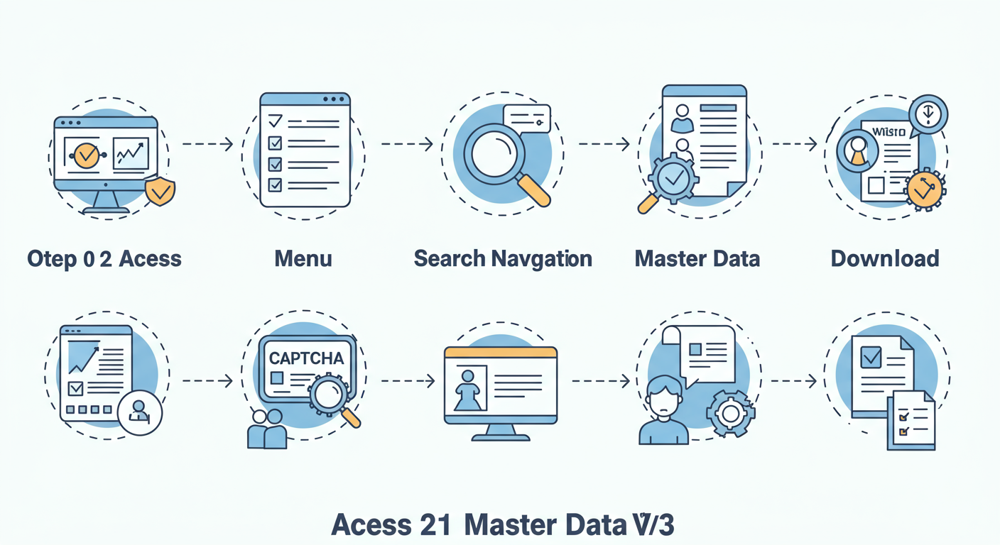 MCA 21 Master Data - Professional minimalist flowchart showing the 5-step workflow to access MCA 21 Master Data on the V3 portal, with icons for each step: browser, menu, search, captcha, and report.