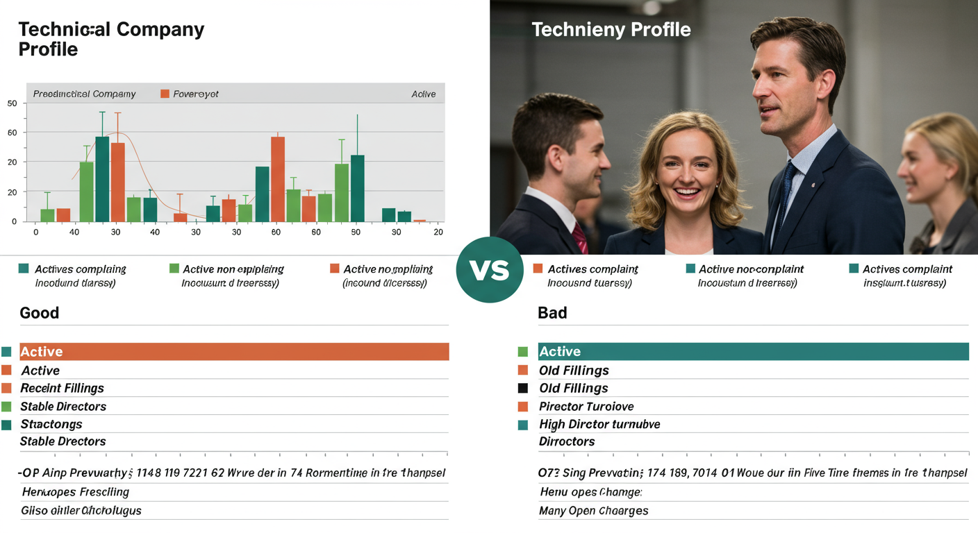 MCA 21 Master Data - A high-quality graphic as a technical comparison chart, showing a side-by-side of a 'Good' company profile (Active, recent filings, stable directors) vs. a 'Bad' company profile (Active non-compliant, old filings, high director turnover, many open charges).