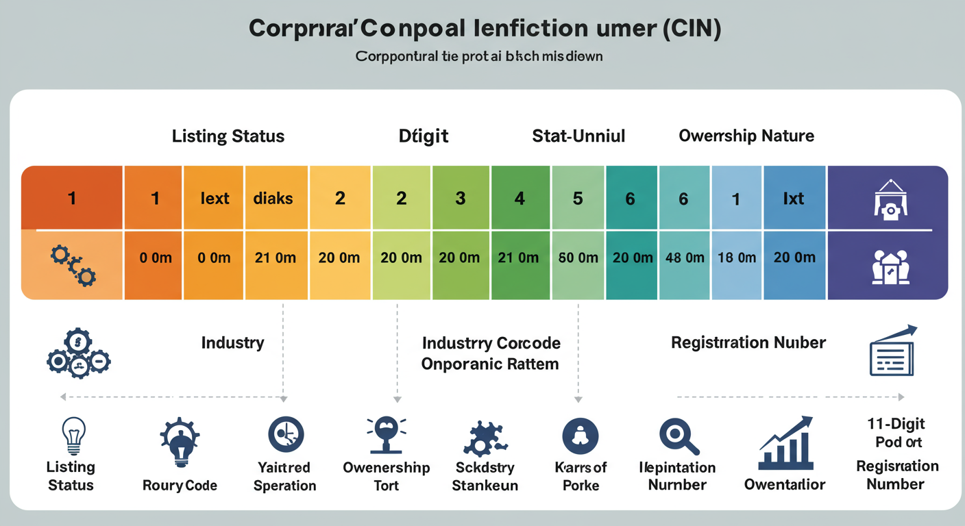 MCA 21 Master Data - Educational infographic breaking down the 21-digit Corporate Identification Number (CIN) into its components: Listing Status, Industry Code, State, Year, Ownership, and Registration Number.