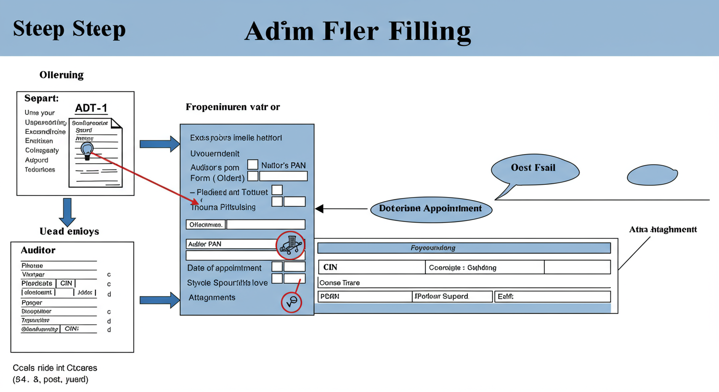 Form ADT 1 Filing - A step-by-step diagram illustrating the ADT-1 form filling process. Show a stylized form with callouts pointing to key fields like 'CIN', 'Auditor's PAN', 'Date of Appointment', and 'Attachments'.