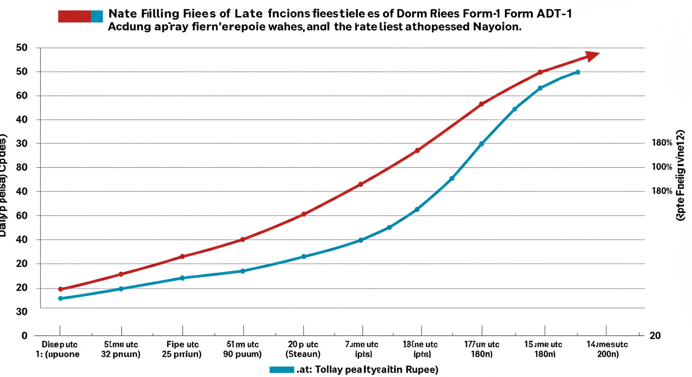 Form ADT 1 Filing - A dramatic data visualization graph showing the exponential increase in late filing fees for Form ADT-1 over time. The x-axis shows 'Days of Delay' (30, 60, 90, 180+) and the y-axis shows 'Total Penalty in Rupees', with the line curving sharply upwards.