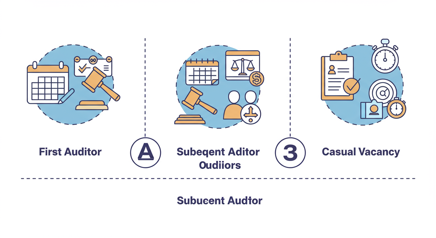 Form ADT 1 Filing - A clean and modern infographic visually comparing the three main ADT-1 filing deadlines: First Auditor, Subsequent Auditor, and Casual Vacancy. Use icons like a calendar, a gavel, and a stopwatch to represent deadlines and appointments.