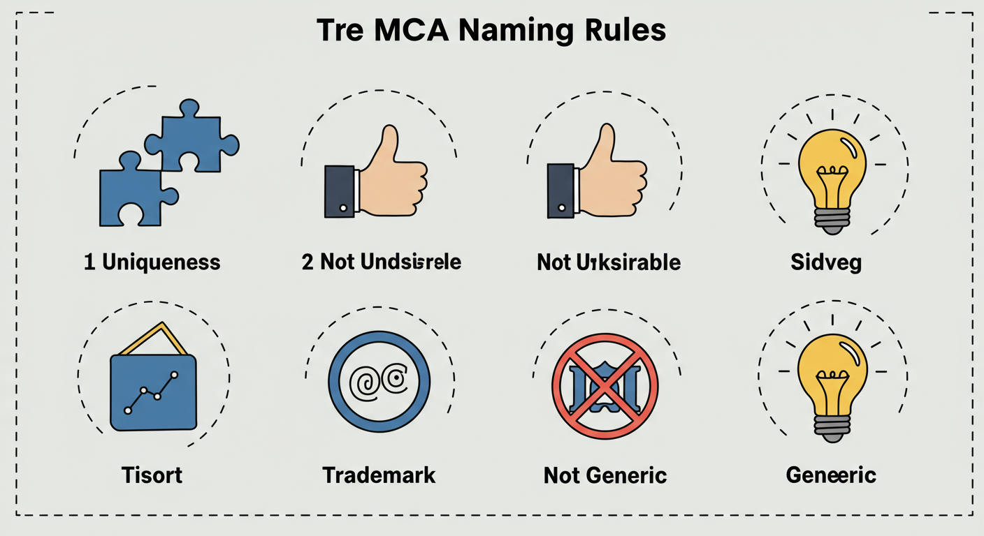 MCA Name Availability 2026: Get Your Company Name Approved 3 MCA name availability - Educational infographic summarizing the 4 key MCA naming rules: 1. Uniqueness (icon of two different puzzle pieces), 2. Not Undesirable (icon of a 'thumbs up'), 3. Not a Trademark (icon of the ® symbol with a cross-out), 4. Not Generic (icon of a lightbulb).
