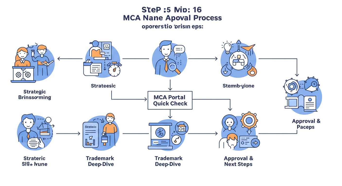 MCA Name Availability 2026: Get Your Company Name Approved 1 MCA name availability - Professional minimalist flowchart showing the 5-step MCA name approval process: 1. Strategic Brainstorming, 2. MCA Portal Quick Check, 3. Trademark Deep-Dive, 4. Mastering SPICe+ Part A, 5. Approval & Next Steps.