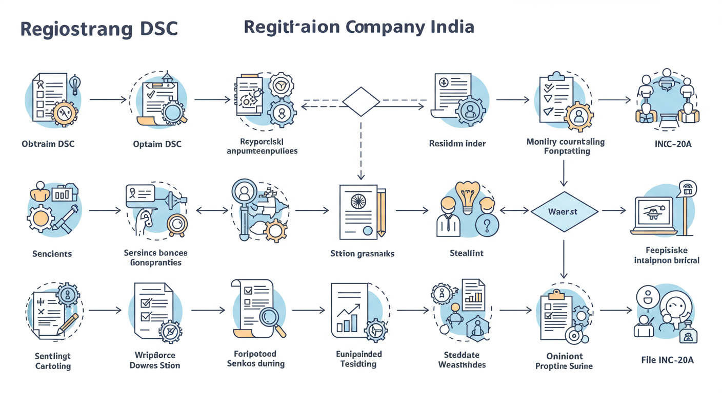 Pvt Ltd Company Registration in India: The 2026 Founder's Playbook 1 Pvt Ltd company registration - Professional minimalist flowchart showing the 10-step workflow of Pvt Ltd company registration in India, starting from 'Obtain DSC' and ending with 'File INC-20A'.