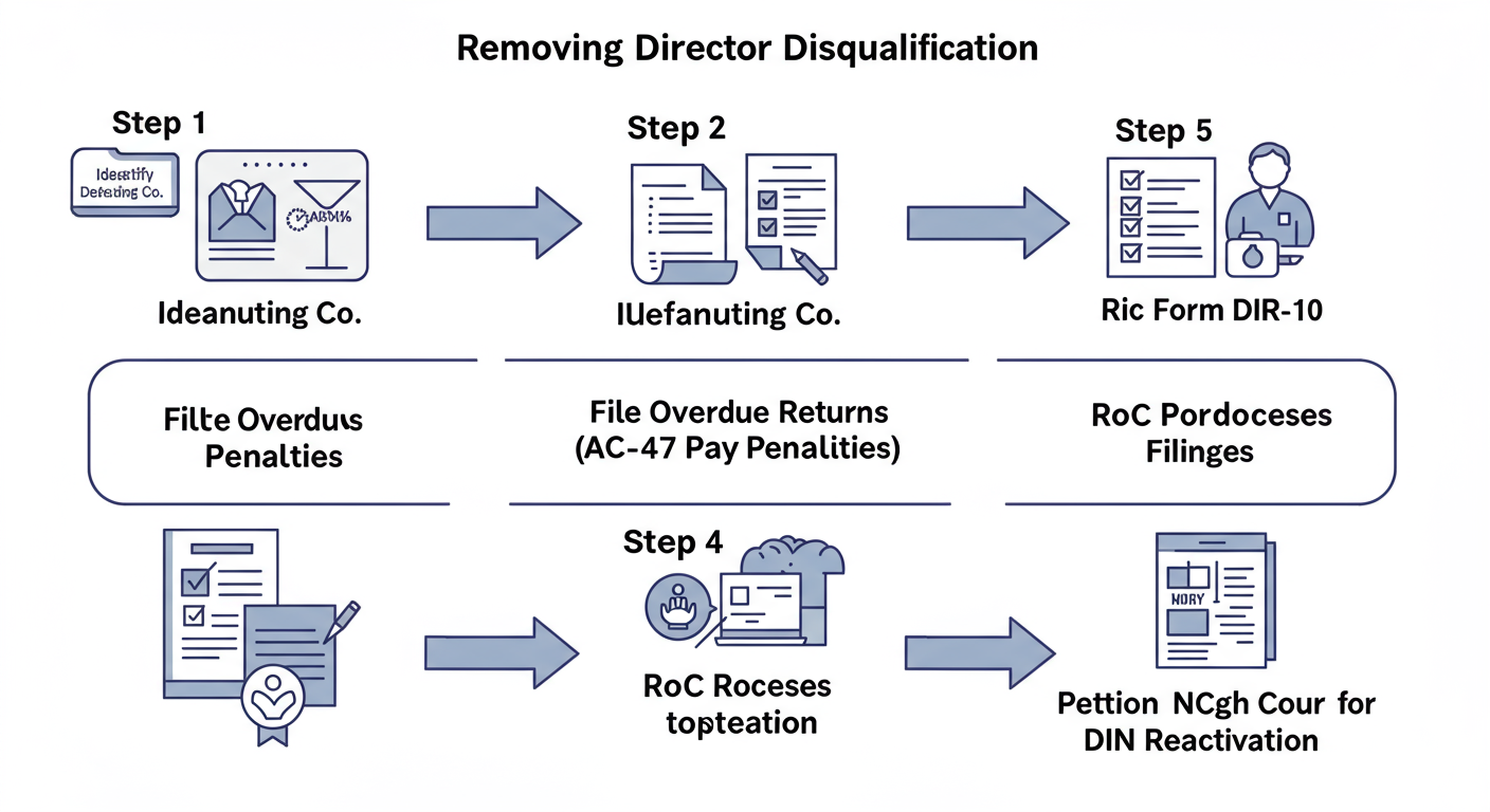 Director Disqualification (Section 164): Your 2026 Guide 3 director disqualification section 164 - A clean, step-by-step diagram for 'Removing Director Disqualification'. Step 1: 'Identify Defaulting Co.' -> Step 2: 'File Overdue Returns (AOC-4, MGT-7) & Pay Penalties' -> Step 3: 'RoC Processes Filings' -> Step 4: 'File Form DIR-10' -> Step 5: 'Petition NCLT/High Court for DIN Reactivation'.