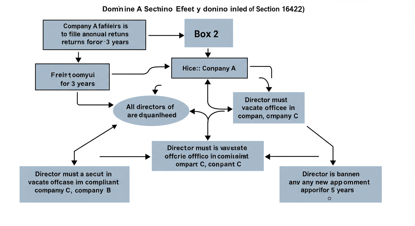Director Disqualification (Section 164): Your 2026 Guide 1 director disqualification section 164 - Professional minimalist flowchart showing the domino effect of Section 164(2). Box 1: 'Company A fails to file annual returns for 3 years'. Arrow to Box 2: 'All directors of Company A are disqualified'. Arrow splits to Box 3A: 'Director must vacate office in compliant Company B' and Box 3B: 'Director must vacate office in compliant Company C'. Final Box 4: 'Director is banned from any new appointment for 5 years'.