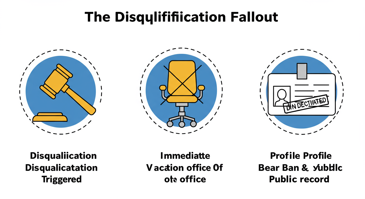 Director Disqualification (Section 164): Your 2026 Guide 2 director disqualification section 164 - A stark infographic titled 'The Disqualification Fallout'. It shows three icons in a sequence. 1. A gavel icon labeled 'Disqualification Triggered'. 2. An office chair with a red 'X' over it, labeled 'Immediate Vacation of Office'. 3. A profile ID card with 'DIN DEACTIVATED' stamped on it, labeled '5-Year Ban & Public Record'.