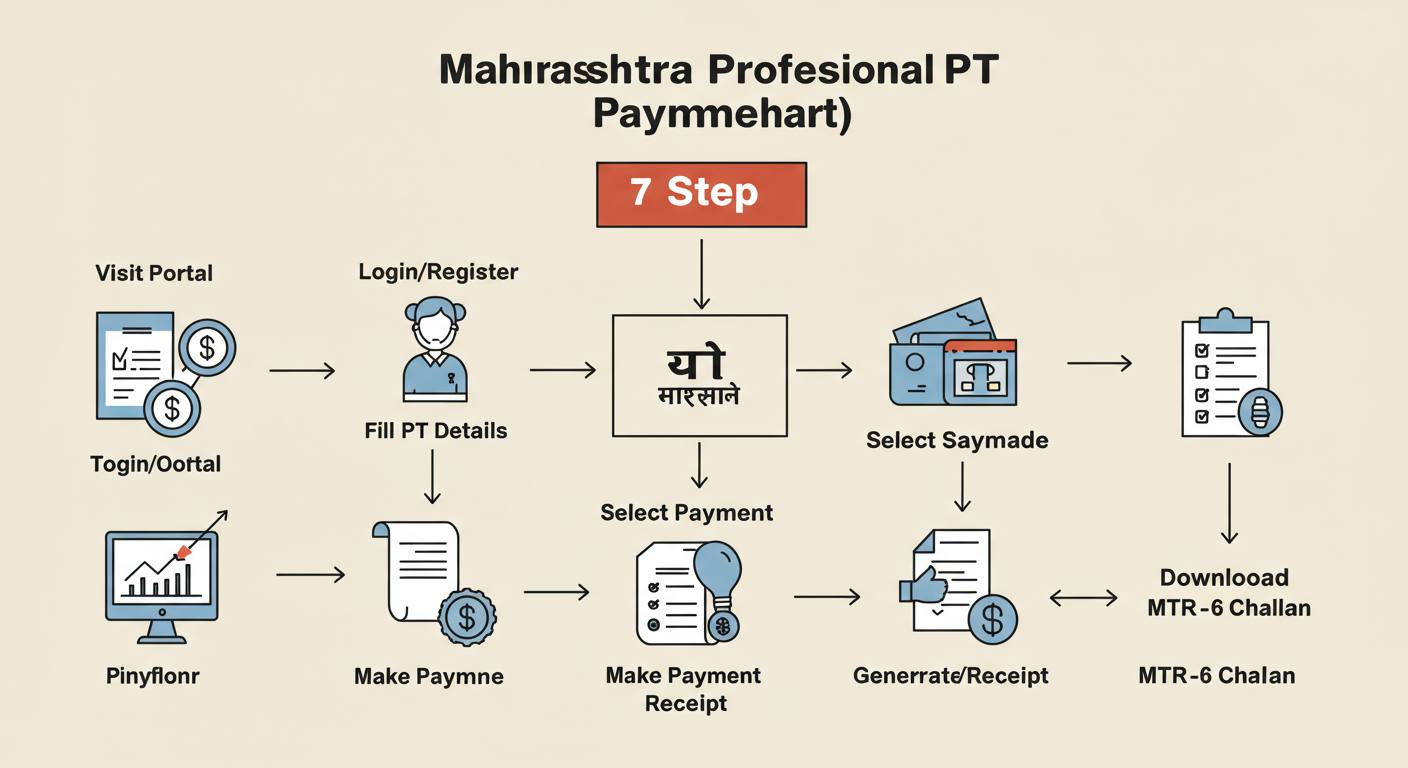 Maharashtra PT Payment - Professional minimalist flowchart showing the 7-step Maharashtra PT payment process, from visiting the portal to downloading the MTR-6 challan.