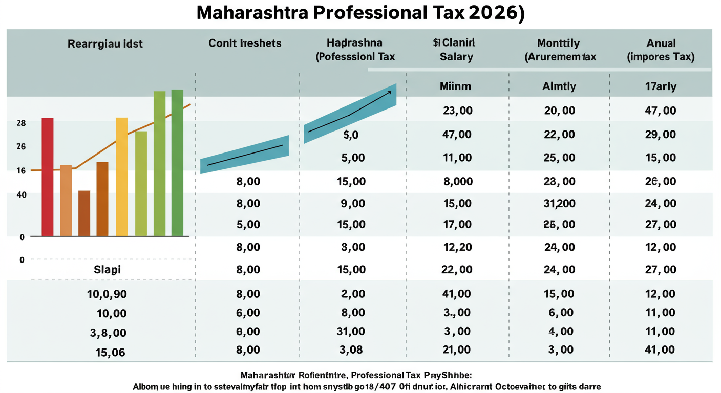Maharashtra PT Payment - A clean, educational infographic comparing Maharashtra PT slabs for 2026, showing salary ranges and the corresponding monthly and annual tax amounts.