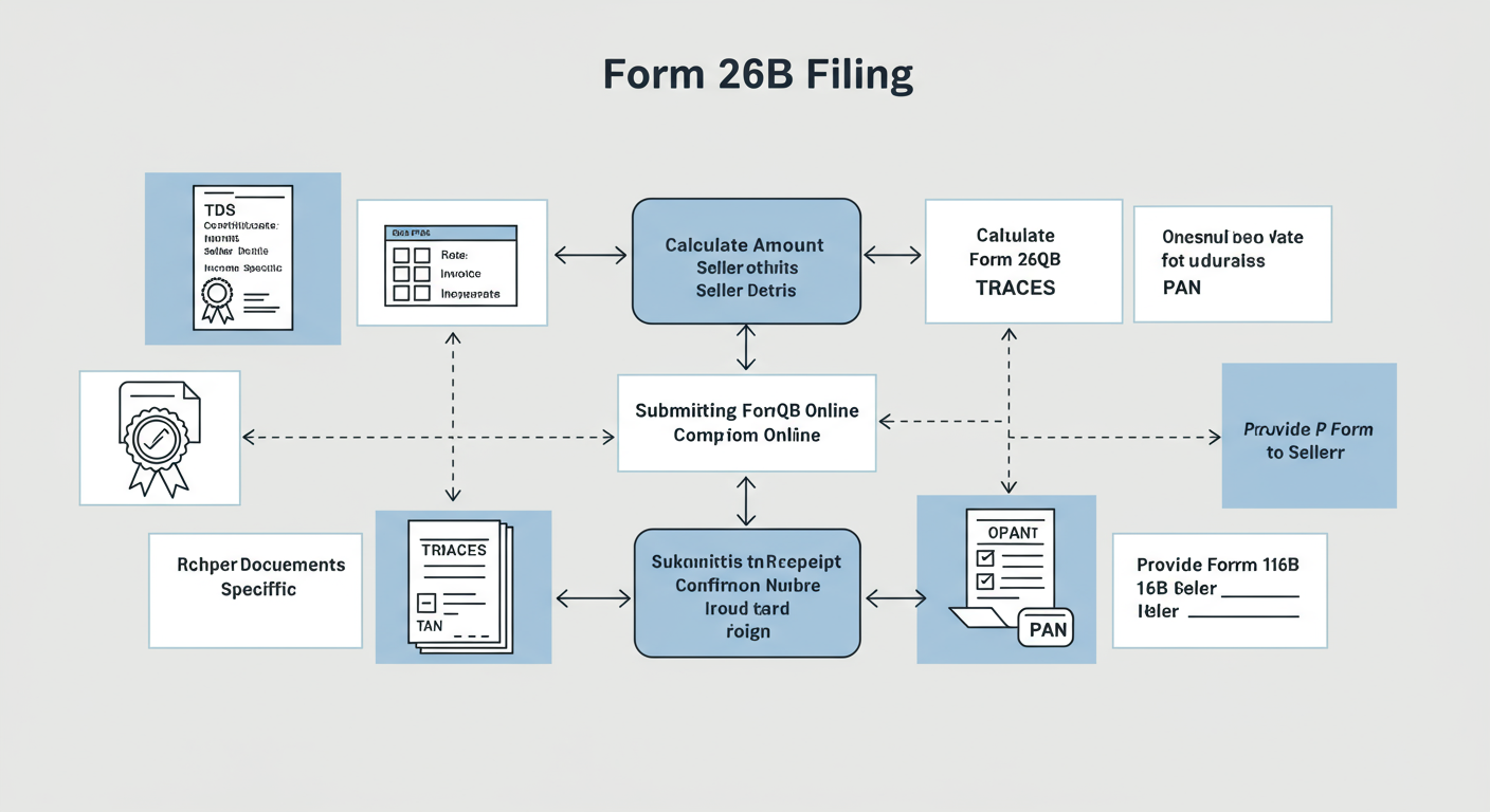 Form 26QB Filing (2026): Your Guide to TDS on Property 2 Form 26QB Filing - Professional minimalist flowchart showing the 6-step workflow of Form 26QB filing, from 'Gather Documents' to 'Provide Form 16B to Seller'.