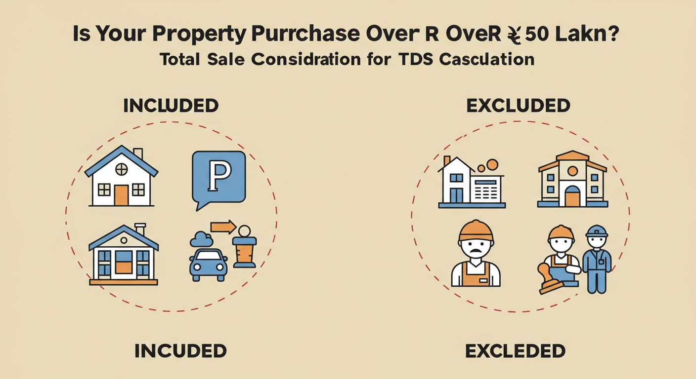 Form 26QB Filing (2026): Your Guide to TDS on Property 1 Form 26QB Filing - High-quality infographic titled "Is Your Property Purchase Over ₹50 Lakh? What to Include in the Total Sale Consideration for TDS Calculation" showing icons for a house, parking, and a clubhouse on one side (Included) and icons for a government stamp and a maintenance worker on the other (Excluded).