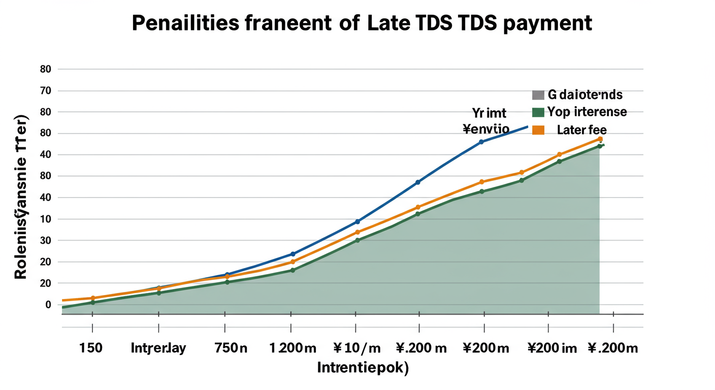 Form 26QB Filing (2026): Your Guide to TDS on Property 3 Form 26QB Filing - A data trend graph showing how penalties for late TDS payment can accumulate over 6 months, with separate lines for the 1.5% interest and the ₹200/day late fee to visually emphasize the financial risk.