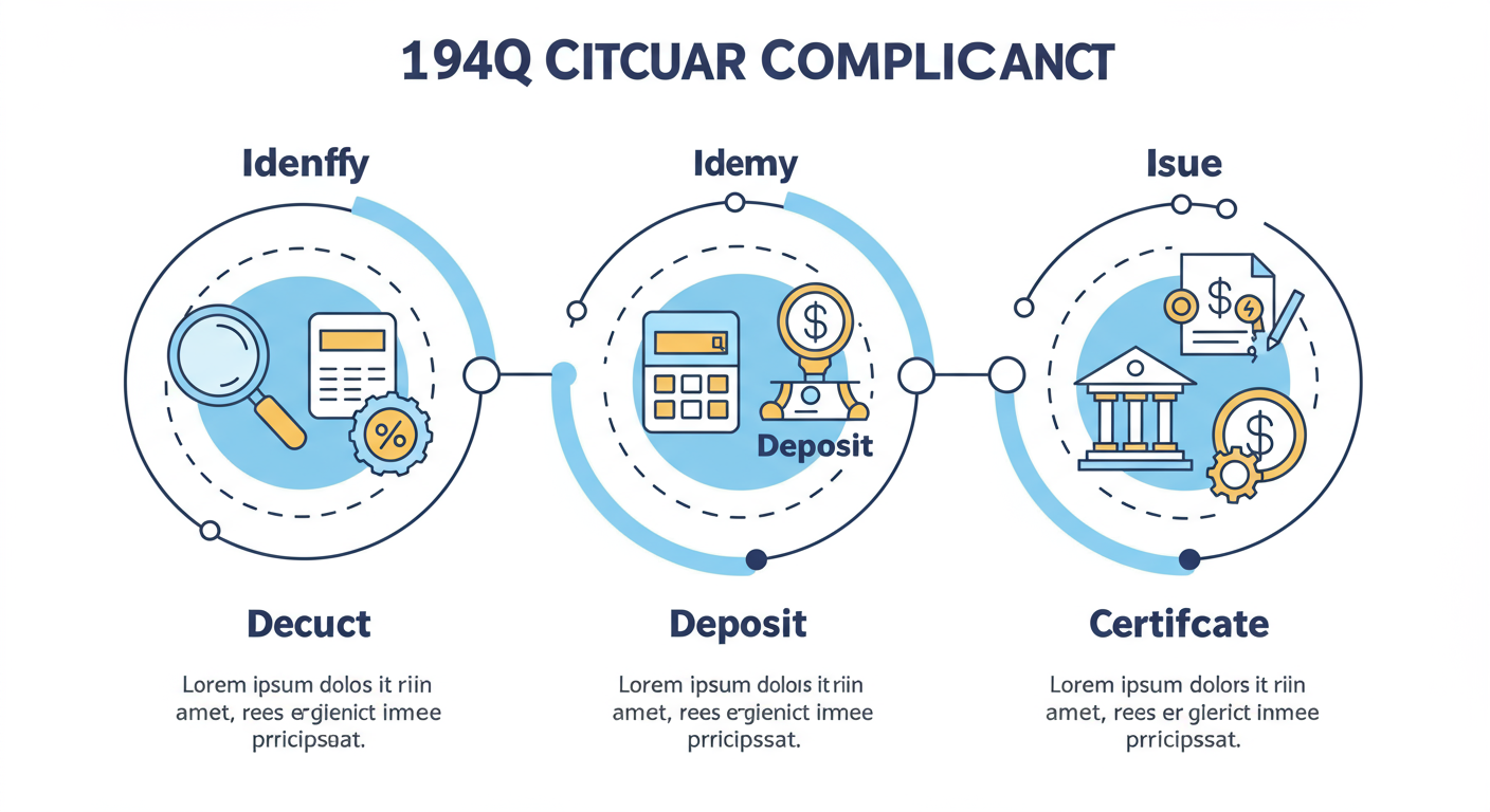Section 194Q: The Ultimate TDS Guide for Buyers (2026) 3 Section 194Q - An educational infographic showing a 5-step circular process for 194Q compliance. Each step has an icon: 1. Magnifying glass (Identify), 2. Calculator (Deduct), 3. Bank (Deposit), 4. Document (File 26Q), 5. Certificate (Issue 16A).
