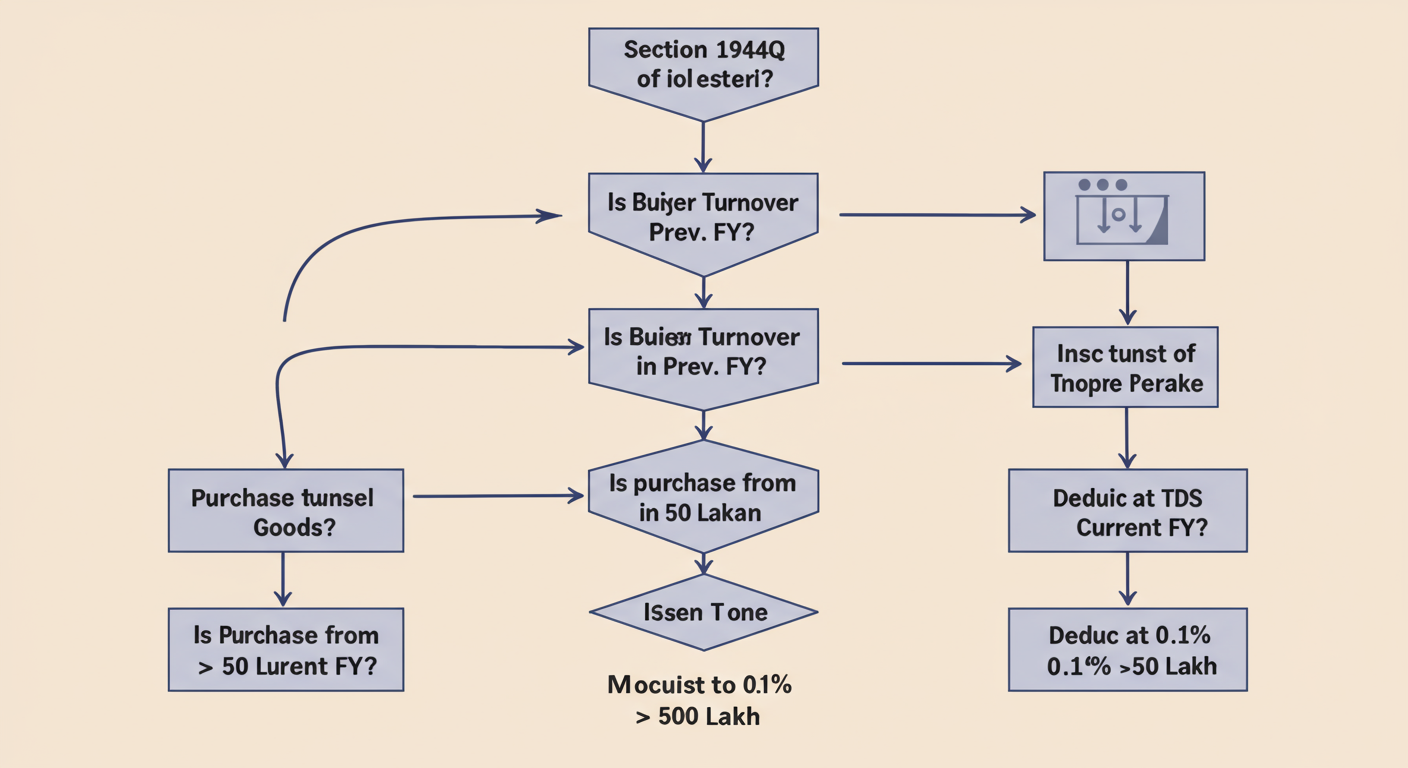 Section 194Q: The Ultimate TDS Guide for Buyers (2026) 1 Section 194Q - Professional minimalist flowchart showing the Section 194Q decision-making process. Start with "Purchase of Goods?". Path to "Is Buyer Turnover > 10 Cr in Prev. FY?". Path to "Is Purchase from Seller > 50 Lakh in Current FY?". Final box: "Deduct TDS at 0.1% on amount > 50 Lakh".