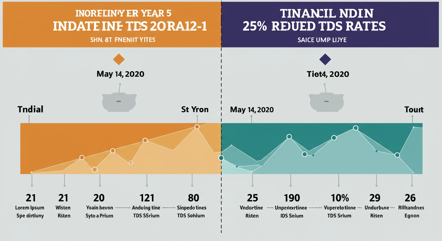 TDS rates FY 2020-21 - Professional minimalist timeline infographic showing the Indian financial year 2020-21, with a clear dividing line at May 14, 2020. The left side is labeled 'Standard TDS Rates' and the right side is labeled '25% Reduced TDS Rates'.