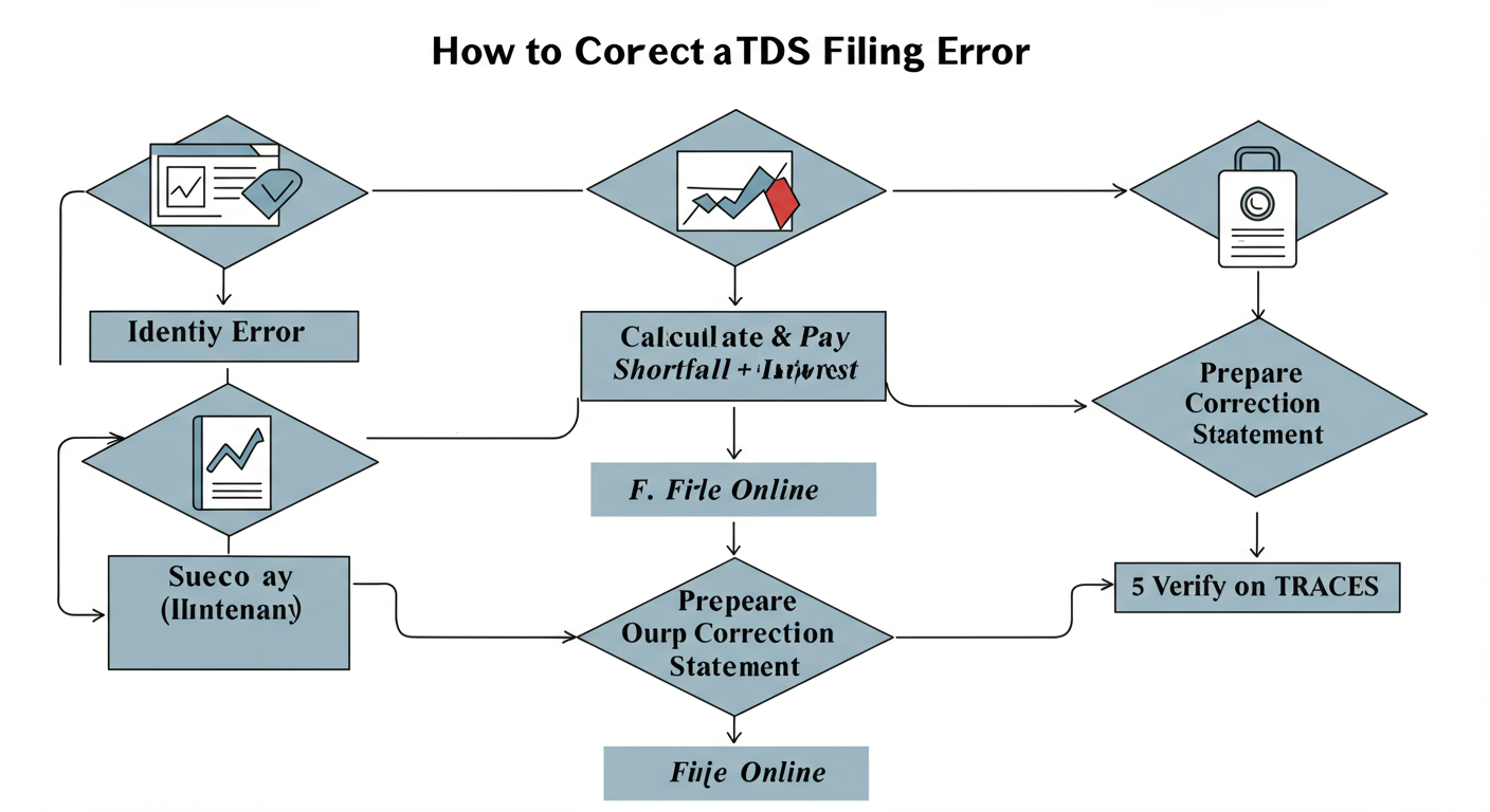 TDS rates FY 2020-21 - A clean, step-by-step flowchart diagram titled 'How to Correct a TDS Filing Error'. Steps include: 1. Identify Error, 2. Calculate & Pay Shortfall + Interest, 3. Prepare Correction Statement, 4. File Online, 5. Verify on TRACES.