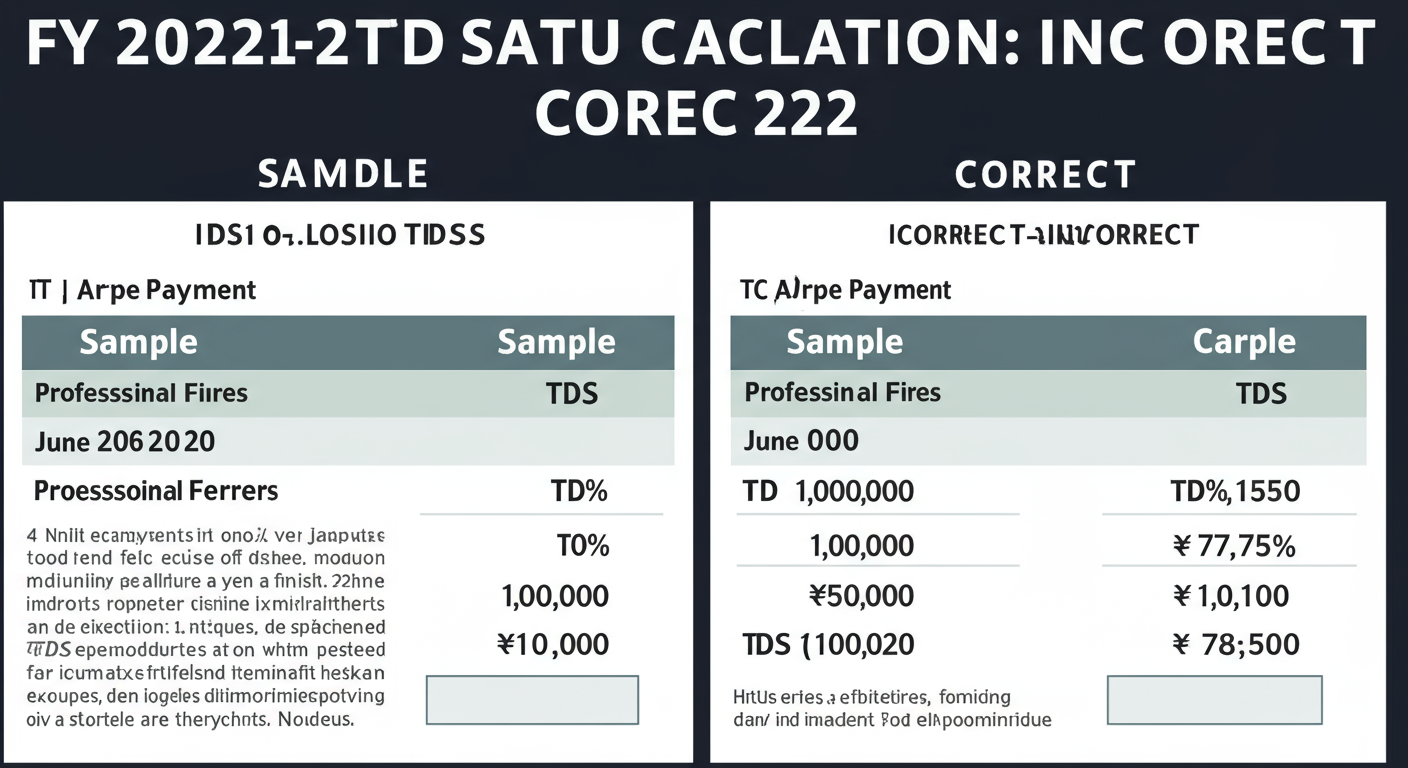 TDS rates FY 2020-21 - A high-quality graphic designed as a comparison table. Title: 'FY 2020-21 TDS Calculation: Correct vs. Incorrect'. It shows a sample payment of ₹1,00,000 for professional fees made in June 2020. The 'Incorrect' column shows TDS at 10% (₹10,000), while the 'Correct' column shows TDS at 7.5% (₹7,500), highlighting the difference.