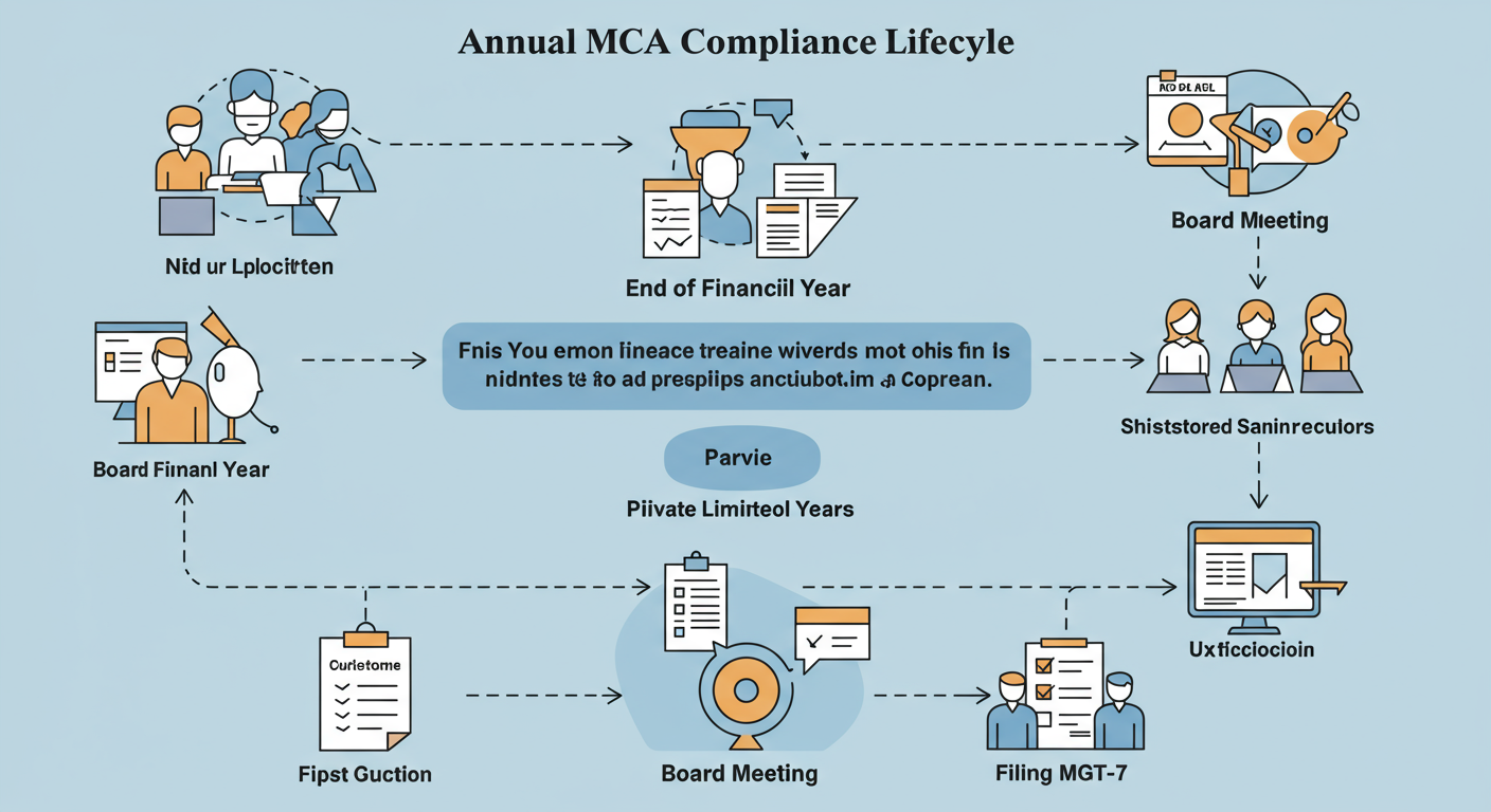MGT Full Form: The 2026 Director's Guide to MCA Compliance 1 MGT full form - Professional minimalist flowchart showing the annual MCA compliance lifecycle for a private limited company, highlighting key milestones like 'End of Financial Year', 'Board Meeting', 'AGM', 'Filing AOC-4', and 'Filing MGT-7'.
