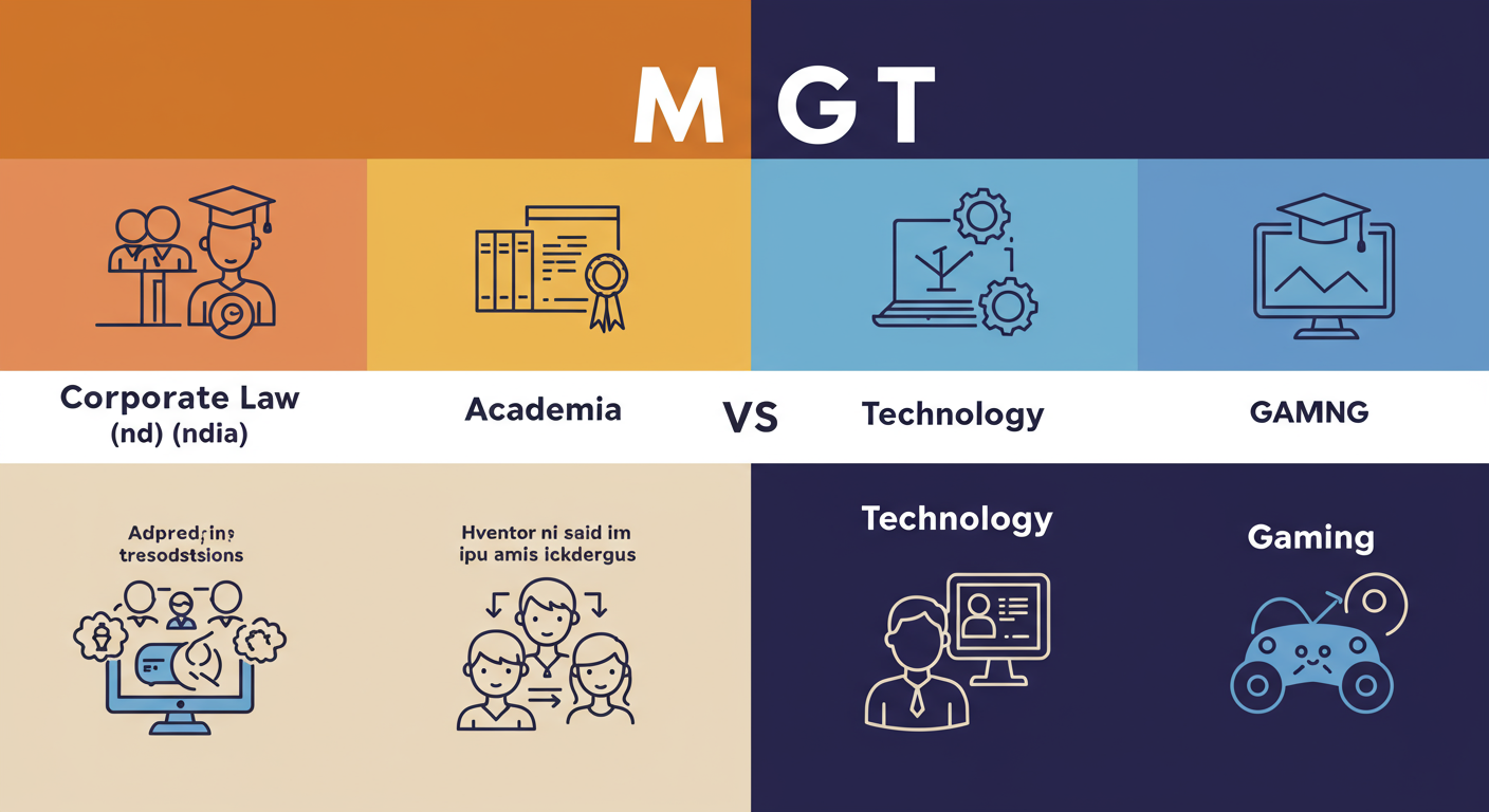 MGT Full Form: The 2026 Director's Guide to MCA Compliance 3 MGT full form - A simple, educational infographic comparing the different meanings of the acronym MGT in four quadrants: Corporate Law (India), Academia, Technology, and Gaming, each with a representative icon and a short explanation.