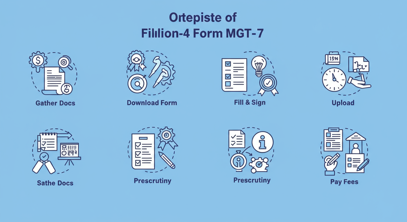 MGT Full Form: The 2026 Director's Guide to MCA Compliance 2 MGT full form - A clean, step-by-step infographic diagram illustrating the 6 steps of filing Form MGT-7, with icons for each step: 'Gather Docs', 'Download Form', 'Fill & Sign', 'Prescrutiny', 'Upload', and 'Pay Fees'.