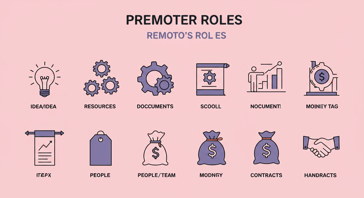 role of a promoter - A clean, modern infographic with 7 icons, each representing one of the promoter's roles: 1. Idea/Lightbulb, 2. Resources/Gears, 3. Documents/Scroll, 4. Naming/Tag, 5. People/Team, 6. Funding/Money Bag, 7. Contracts/Handshake.