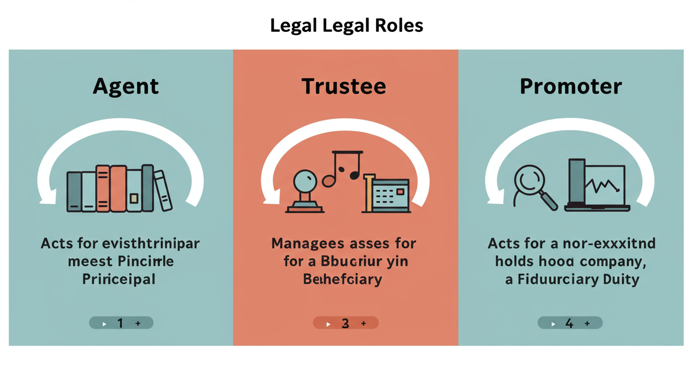 role of a promoter - A simple but professional diagram comparing three legal roles. Column 1: Agent (acts for an existing Principal). Column 2: Trustee (manages assets for a Beneficiary). Column 3: Promoter (acts for a non-existent company, holds a Fiduciary Duty).