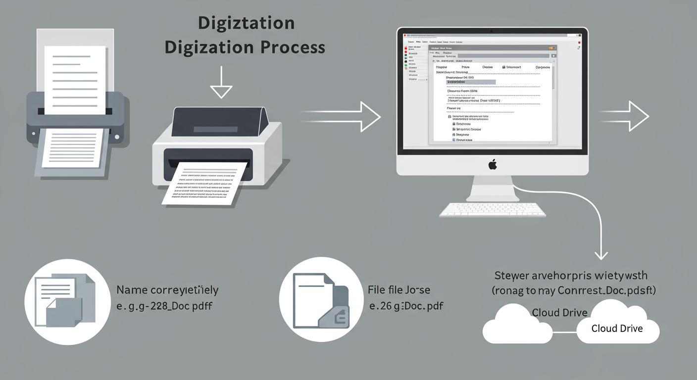 digital filing system - Step-by-step diagram showing the digitization process: 1. Paper document goes into an ADF scanner. 2. Computer screen shows OCR software processing the file. 3. The file is named correctly (e.g., 2026-10-28_Doc.pdf). 4. The file is dragged into the correct folder in a cloud drive.