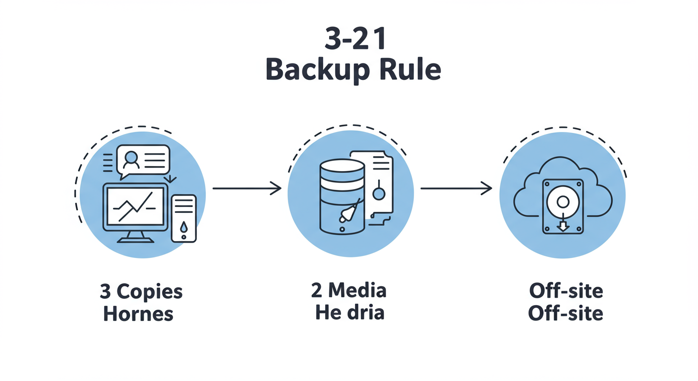 digital filing system - Clean, professional flowchart illustrating the 3-2-1 Backup Rule: One icon for a primary computer, connected to two other icons - an external hard drive and a cloud symbol. Text clearly labels '3 Copies', '2 Media', '1 Off-site'.