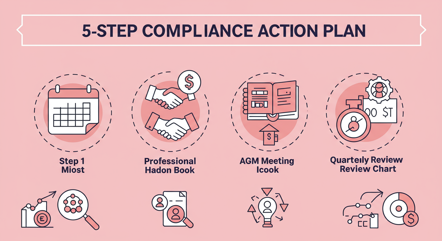 ROC Filing Due Dates 2026: The Definitive Guide for Directors 3 ROC filing due date - A step-by-step diagram illustrating the "5-Step Compliance Action Plan". Each step has a clear icon: 1. Calendar, 2. Professional Handshake, 3. Ledger Book, 4. AGM Meeting Icon, 5. Quarterly Review Chart.