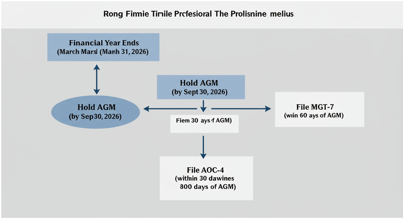 ROC Filing Due Dates 2026: The Definitive Guide for Directors 2 ROC filing due date - Professional minimalist flowchart showing the ROC filing timeline. It starts with "Financial Year Ends (March 31, 2026)", an arrow points to "Hold AGM (by Sept 30, 2026)", which then splits into two paths: "File AOC-4 (within 30 days of AGM)" and "File MGT-7 (within 60 days of AGM)".