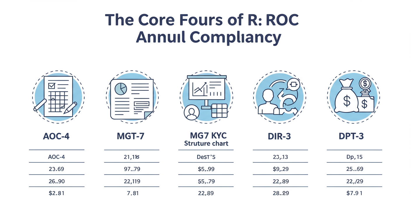 ROC Filing Due Dates 2026: The Definitive Guide for Directors 1 ROC filing due date - Detailed infographic titled "The Core Four of ROC Annual Compliance" showing icons for AOC-4 (a financial report), MGT-7 (a company structure chart), DIR-3 KYC (a profile icon), and DPT-3 (a money bag icon), with their respective deadlines clearly labeled.