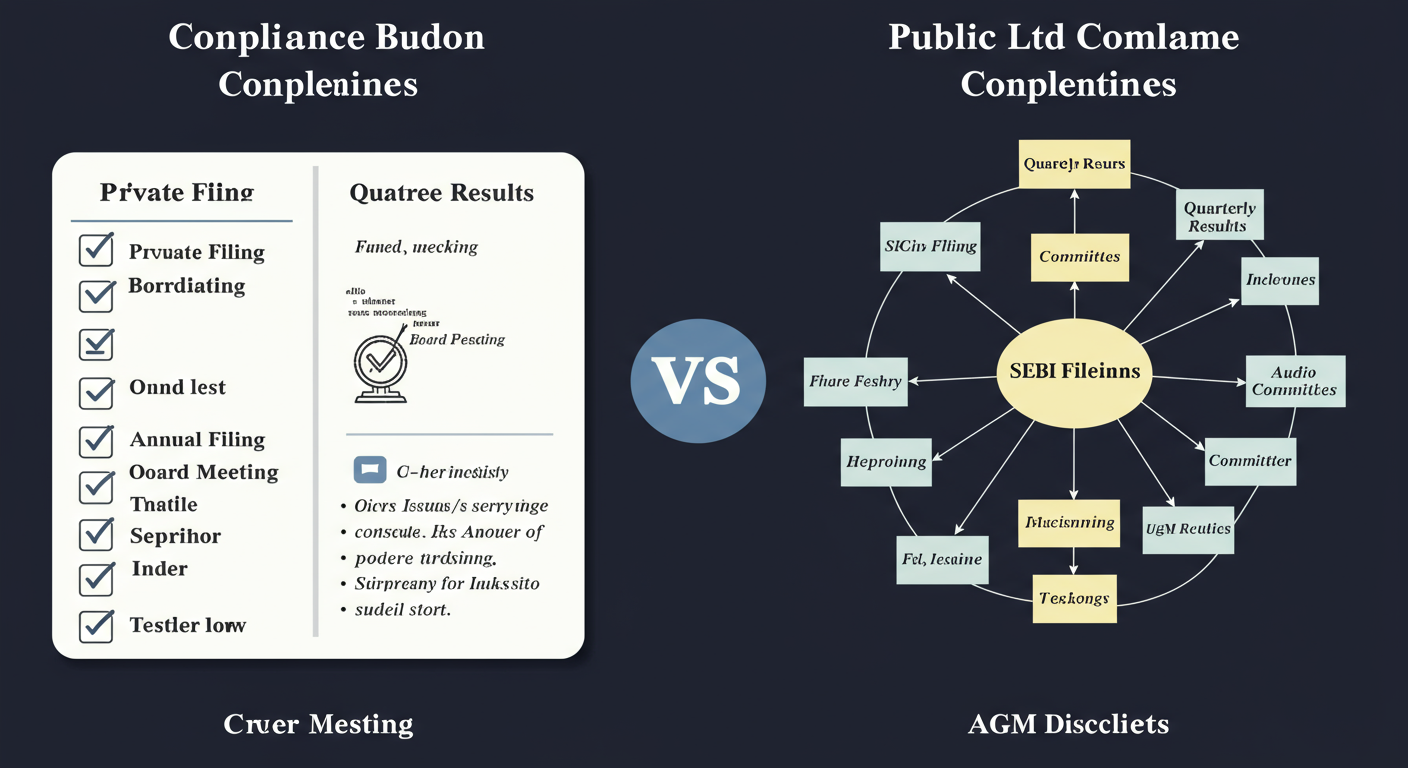 difference between private limited company and public limited company - educational infographic comparing the compliance burden. On the left, a simple checklist for 'Private Ltd Compliance' (Annual Filing, Board Meeting). On the right, a complex web diagram for 'Public Ltd Compliance' connecting nodes like 'Quarterly Results', 'SEBI Filings', 'Investor Relations', 'Audit Committee', 'AGM Disclosures'.