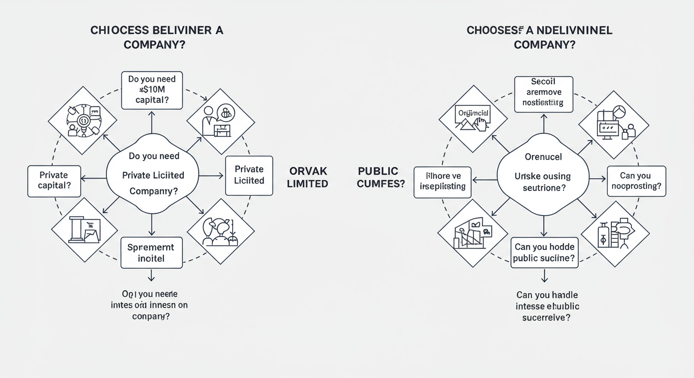 difference between private limited company and public limited company - professional minimalist flowchart showing the decision-making process for choosing between a Private Limited and Public Limited company, with questions like 'Do you need >$10M capital?' and 'Can you handle intense public scrutiny?'