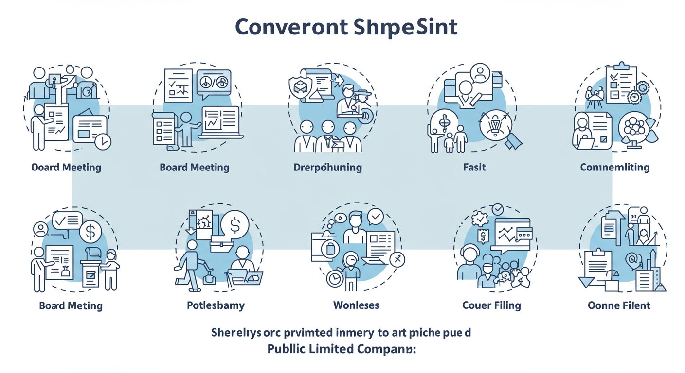 difference between private limited company and public limited company - step-by-step diagram illustrating the 7 stages of converting a private limited company to a public limited company, with icons for each stage like 'board meeting', 'shareholder vote', 'document filing'.