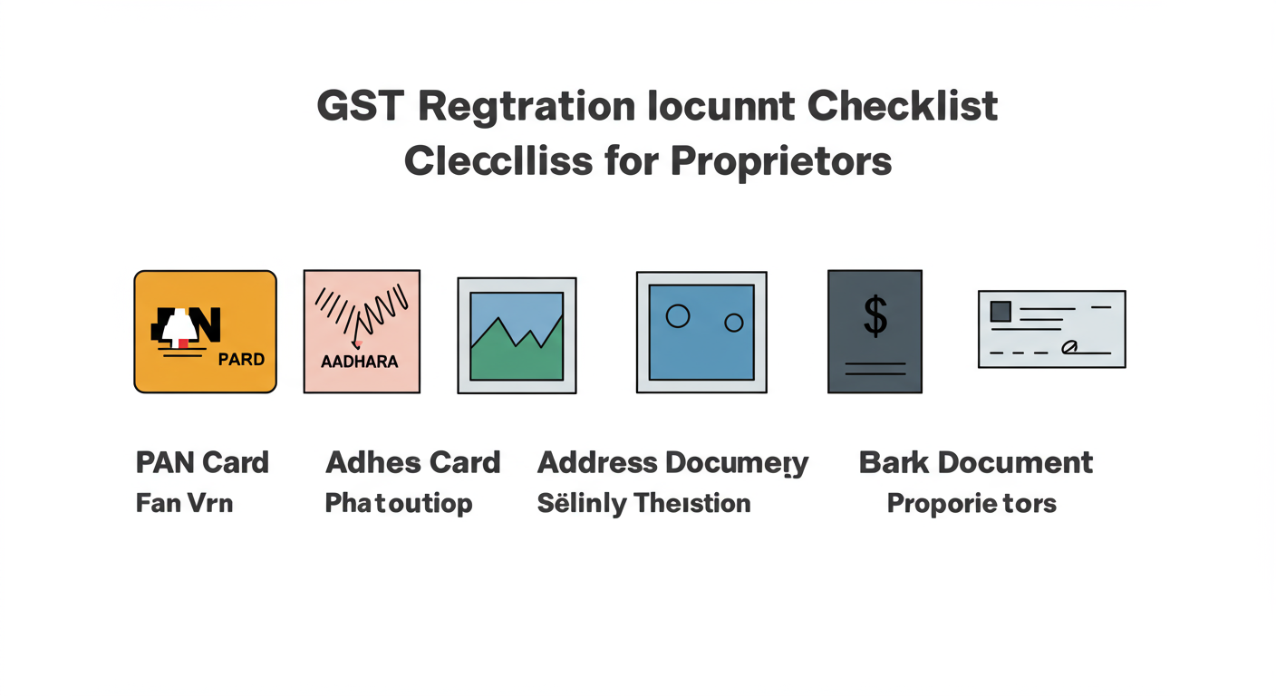 GST registration for proprietorship - A clean, minimalist graphic checklist showing icons for a PAN card, Aadhaar card, photograph, address proof document, and bank cheque, titled 'GST Registration Document Checklist for Proprietors'.