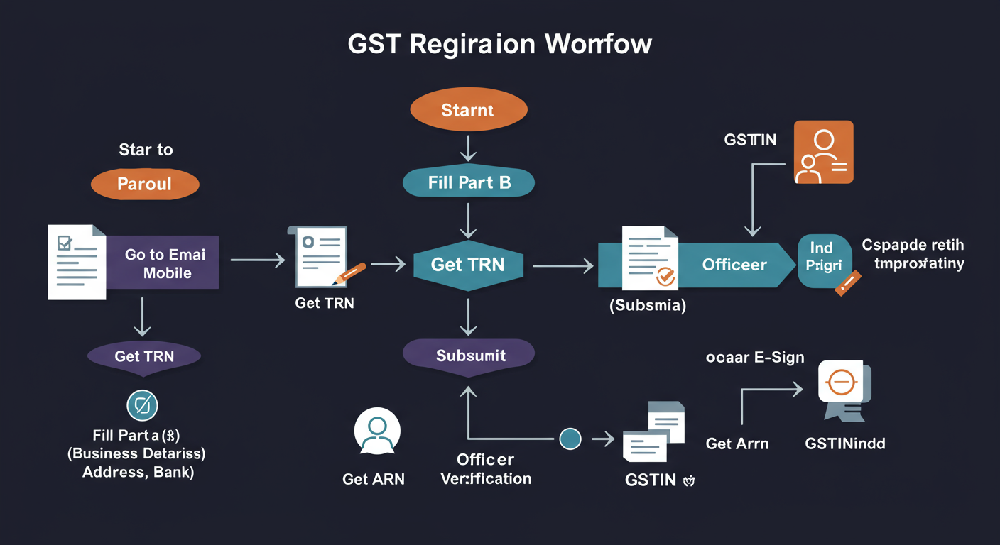 GST registration for proprietorship - A professional minimalist flowchart showing the GST registration workflow. Start -> Go to GST Portal -> Fill Part A (PAN, Email, Mobile) -> Get TRN -> Fill Part B (Business Details, Address, Bank) -> Aadhaar E-Sign -> Submit -> Get ARN -> Officer Verification -> GSTIN Issued.