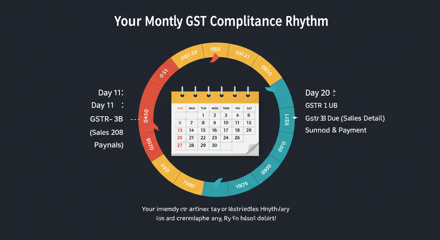 GST registration for proprietorship - A simple infographic calendar showing a monthly cycle. Day 11: GSTR-1 Due (Sales Details). Day 20: GSTR-3B Due (Summary & Payment). The graphic should be titled 'Your Monthly GST Compliance Rhythm'.