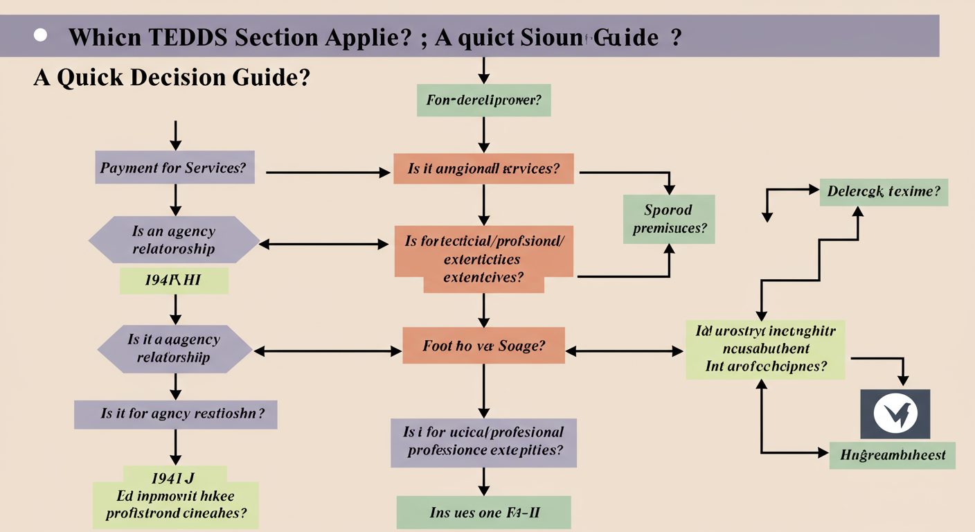 TDS on Commission - Professional minimalist flowchart titled 'Which TDS Section Applies? A Quick Decision Guide'. The chart starts with 'Payment for Services?' and branches to questions like 'Is it an agency relationship?' leading to 194H, 'Is it for technical/professional expertise?' leading to 194J, and 'Is it for use of premises?' leading to 194-I.