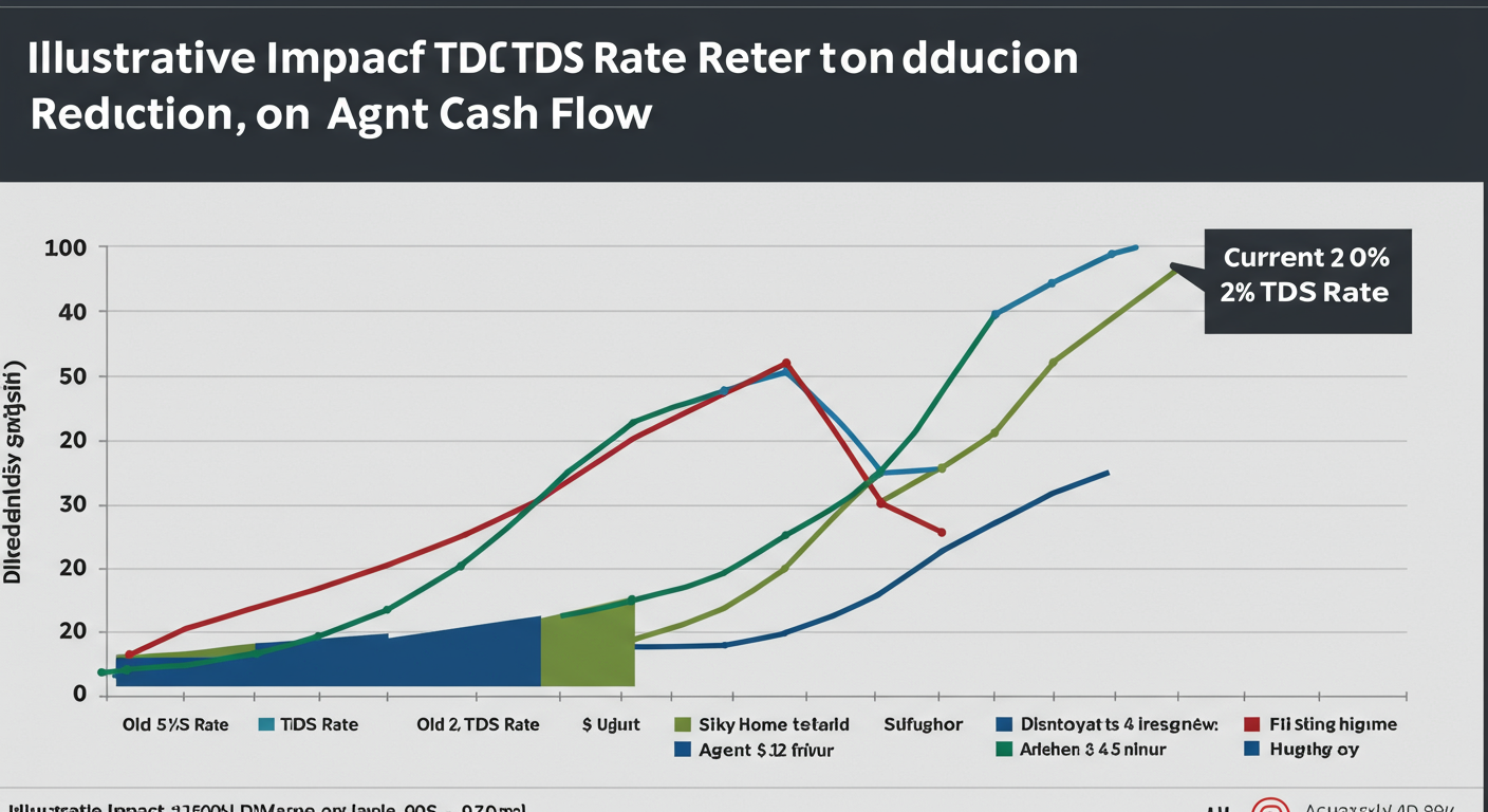 TDS on Commission - Data trend graph titled 'Illustrative Impact of TDS Rate Reduction on Agent Cash Flow'. The graph shows two lines: one labeled 'Old 5% TDS Rate' showing a lower take-home amount, and another labeled 'Current 2% TDS Rate' showing a significantly higher take-home amount for the agent over a 12-month period.