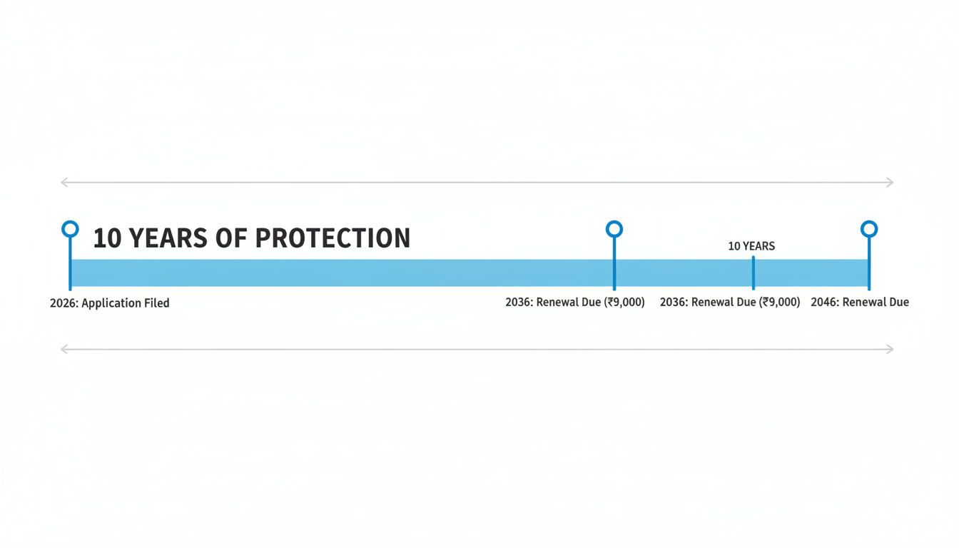 Trademark registration cost in India - A simple horizontal timeline graphic. It starts with '2026: Application Filed'. A big block shows '10 Years of Protection'. At the end of the block, it says '2036: Renewal Due (₹9,000)'. Another 10-year block follows, ending with '2046: Renewal Due'.