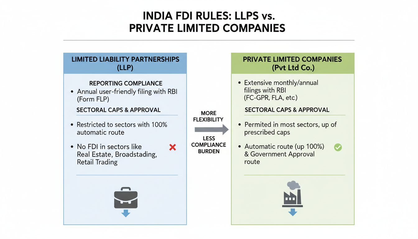 LLP to Private Limited Company Conversion - A simple infographic comparing FDI rules for LLPs vs. Private Limited Companies, highlighting key differences in reporting and sectoral caps.