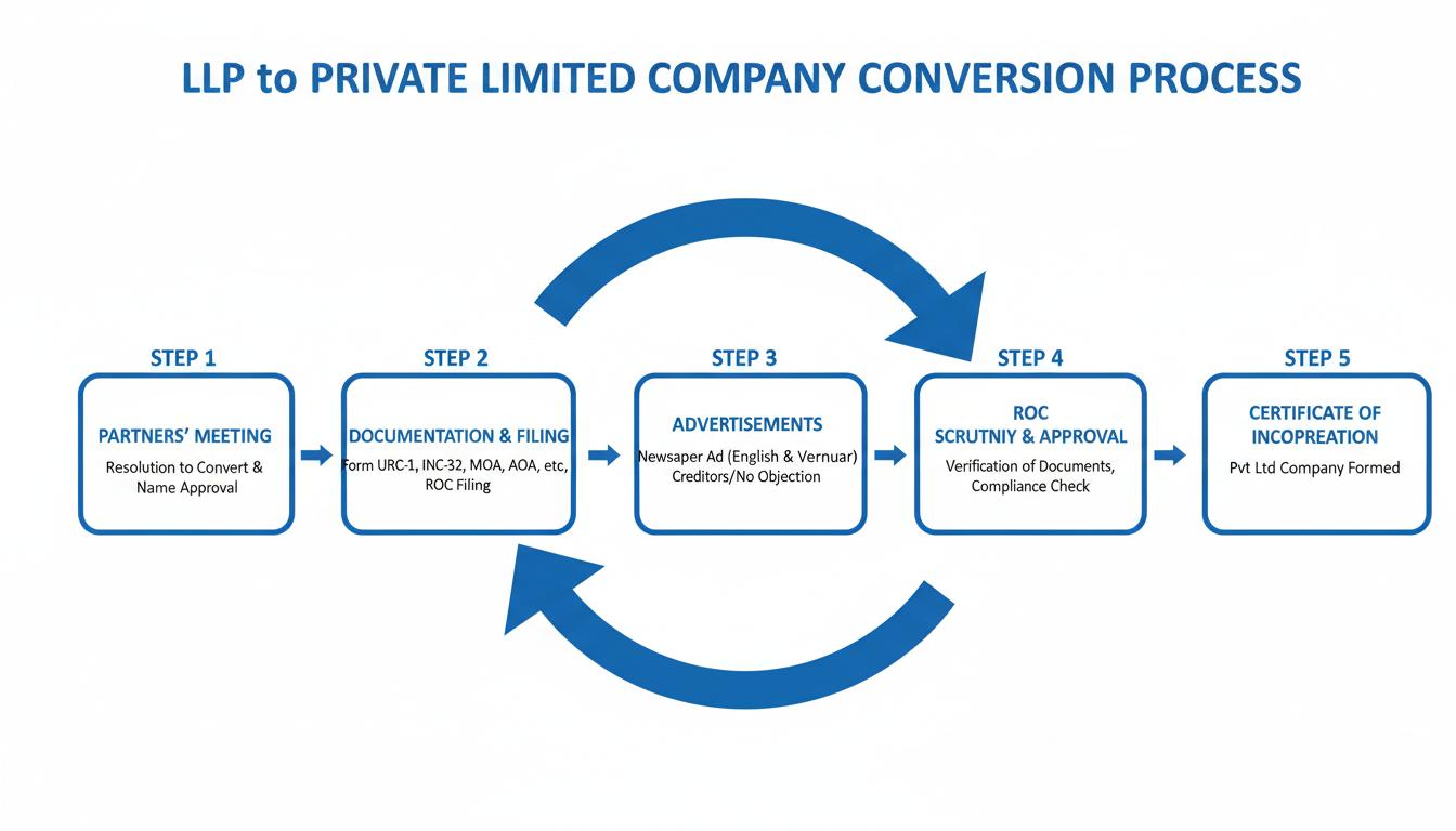 LLP to Private Limited Company Conversion - A professional flowchart diagram illustrating the 5-step LLP to Private Limited Company conversion process, from 'Partners' Meeting' to 'Certificate of Incorporation'.
