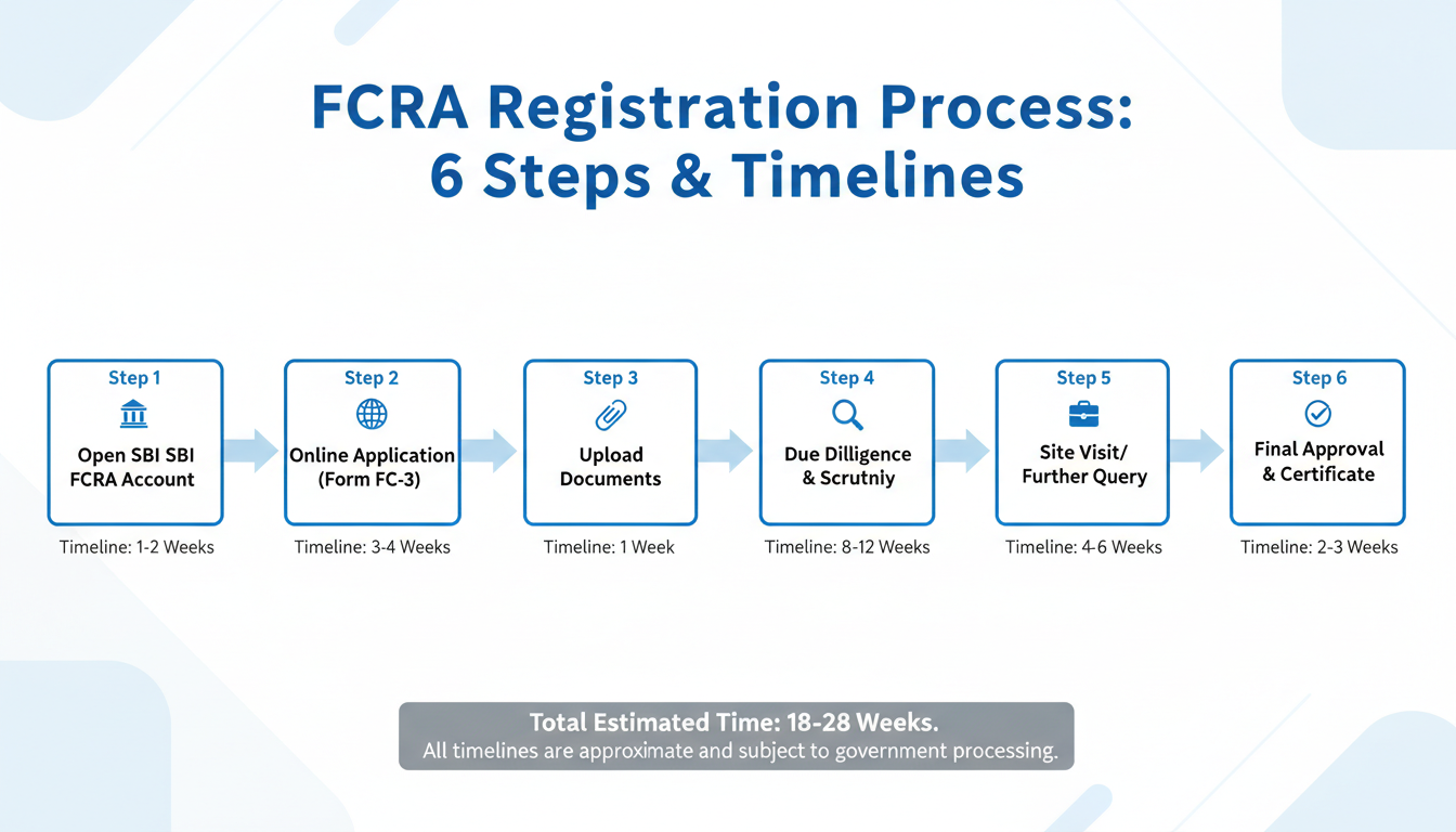 FCRA Registration - A clean, professional flowchart illustrating the 6 steps of the FCRA registration process, from opening the SBI account to final approval, with estimated timelines for each stage.