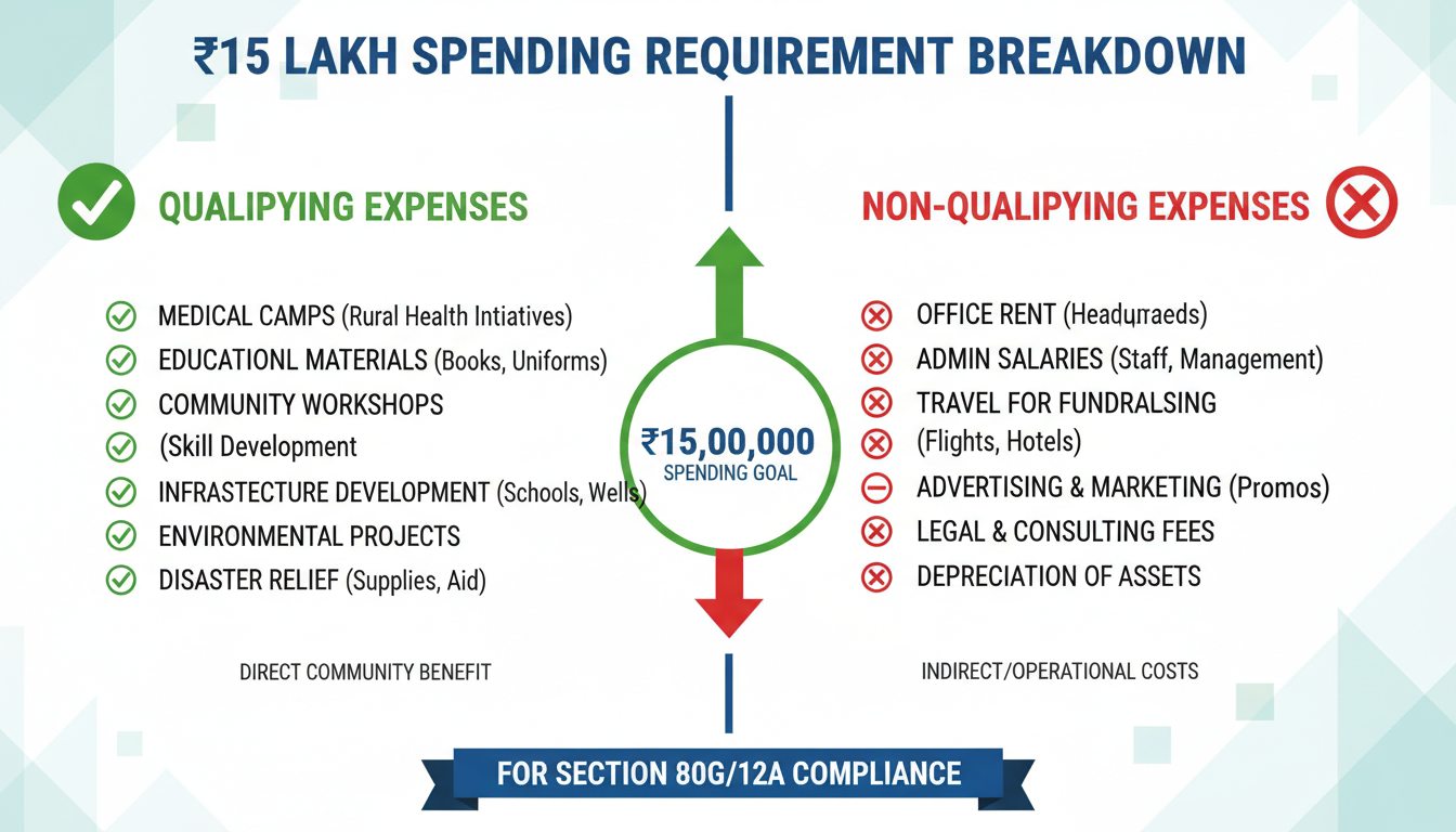 FCRA Registration - Detailed infographic breaking down the ₹15 Lakh spending requirement. Left side shows 'Qualifying Expenses' (e.g., medical camps, educational materials, community workshops) with green checkmarks. Right side shows 'Non-Qualifying Expenses' (e.g., office rent, admin salaries, travel for fundraising) with red X marks.