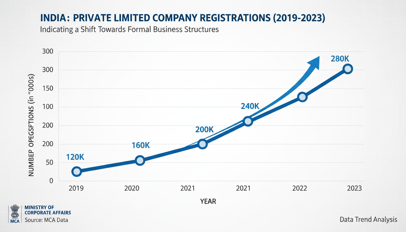 Proprietorship to Private Limited Company - Data trend graph showing the increasing trend of private limited company registrations in India over the last 5 years, indicating a shift towards formal business structures. Source: MCA Data.