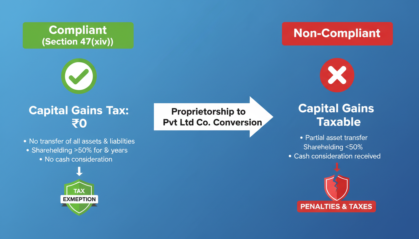 Proprietorship to Private Limited Company - A high-quality infographic comparing the tax implications of a compliant vs. non-compliant proprietorship to private limited company conversion. Left side shows 'Compliant (Section 47(xiv))' with a green checkmark and 'Capital Gains Tax: ₹0'. Right side shows 'Non-Compliant' with a red 'X' and 'Capital Gains Taxable'.