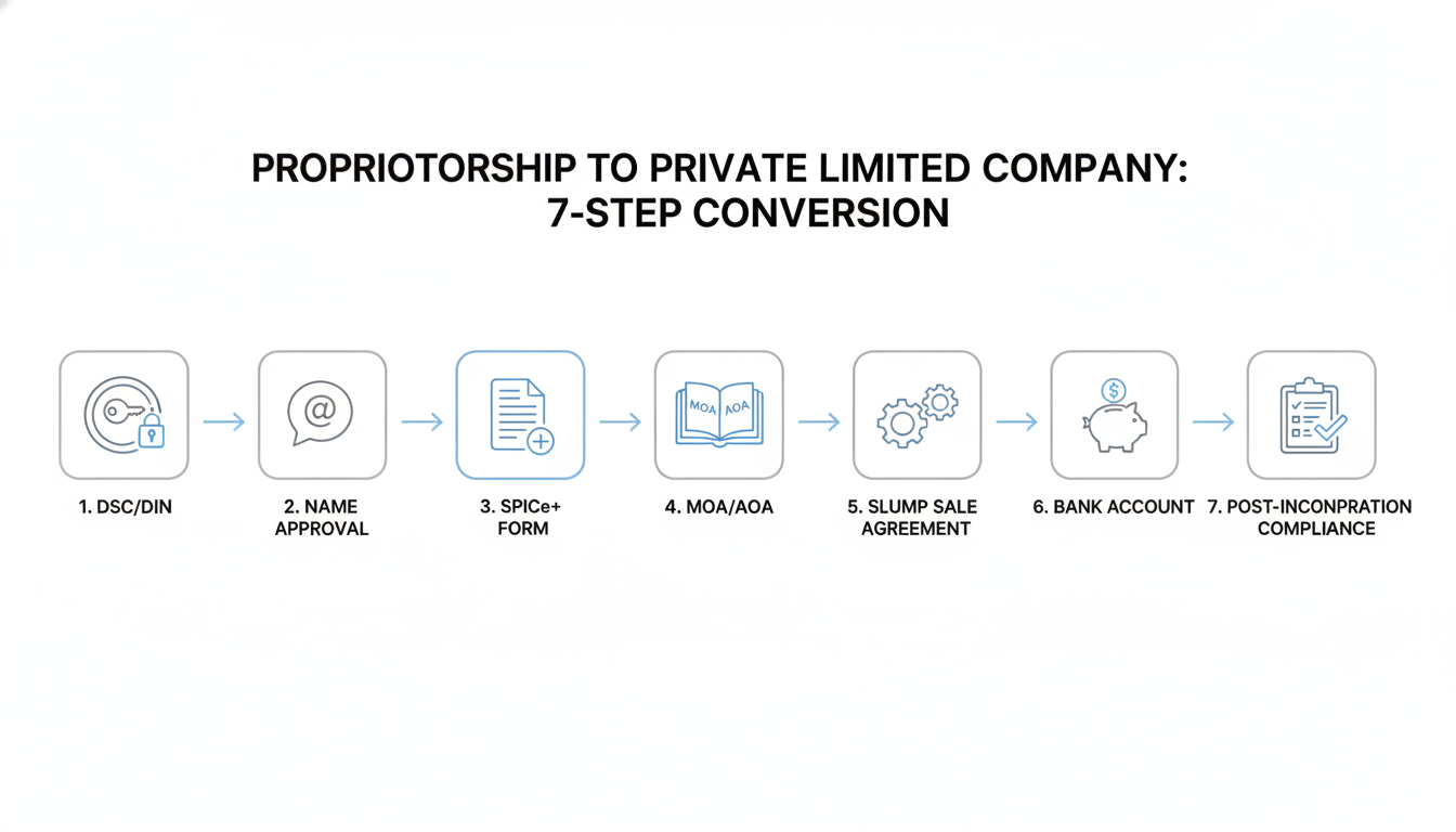 Proprietorship to Private Limited Company - Professional minimalist flowchart showing the 7-step process of converting a proprietorship to a private limited company, with icons for each stage: DSC/DIN, Name Approval, SPICe+ Form, MOA/AOA, Slump Sale Agreement, Bank Account, and Post-Incorporation Compliance.